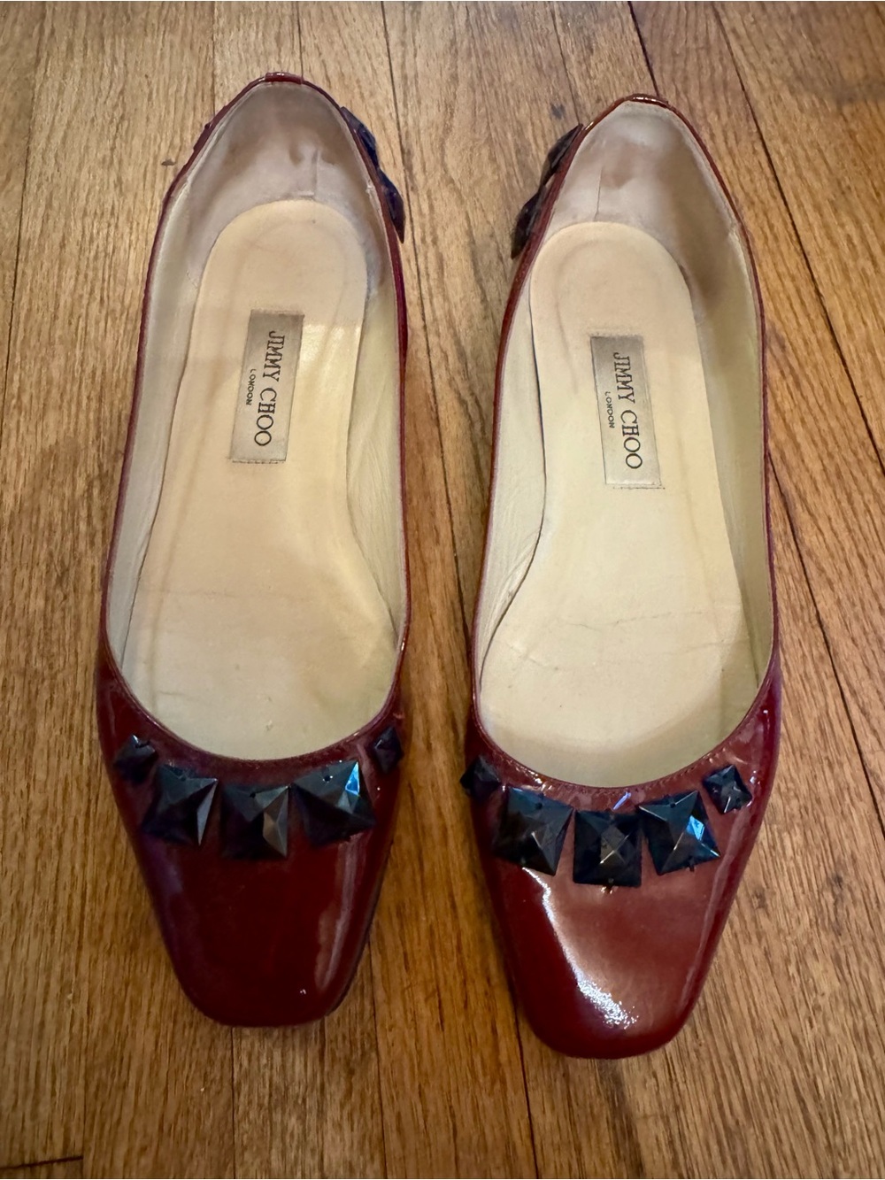 Jimmy Choo Burgundy Patent Leather Stud-Embellished Ballet Flats - size 40